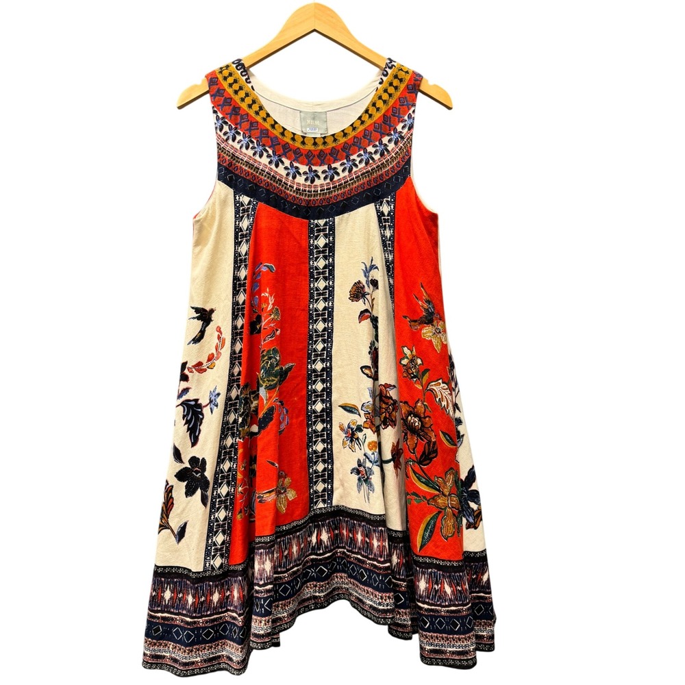 Maeve Cirque Swing Dress Womens Medium Sleeveless Floral Boho Red Cream Mini